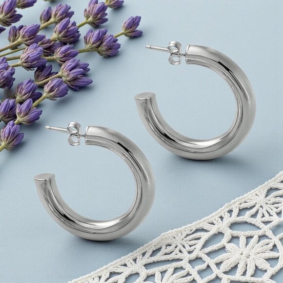 🆕️Chunky C Hoop Earrings 18K White Gold Plated Stainless Steel Minimalist - Picture 11 of 12